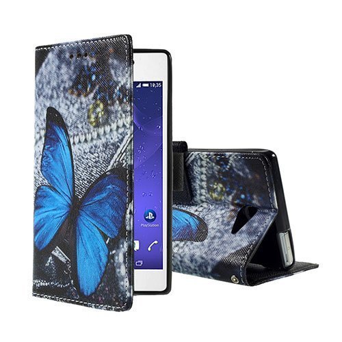 Moberg Sony Xperia M2 Aqua Nahkakotelo Standillä Sininen Perhonen