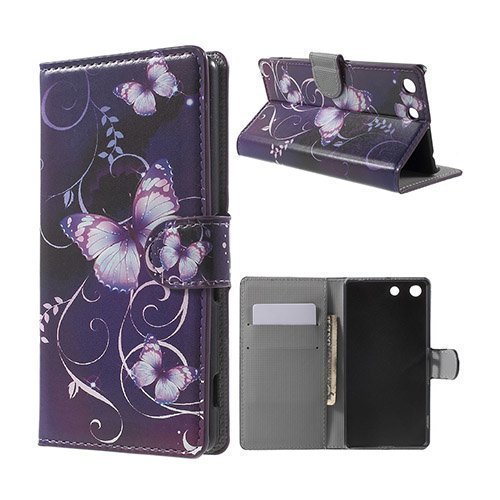Moberg Sony Xperia M5 E5603 / M5 Dual E5633 Nahkakotelo Lompakko Standillä Violetti Perhonen