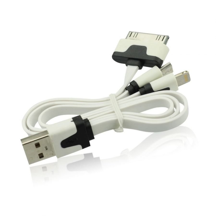 Multikaapeli USB-latauskaapeli Lightning/30-pin/micro-USB valkomusta