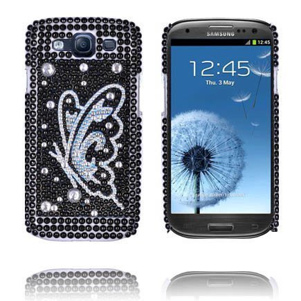 Paris Hopeinen Perhonen Musta Samsung Galaxy S3 Bling Suojakuori
