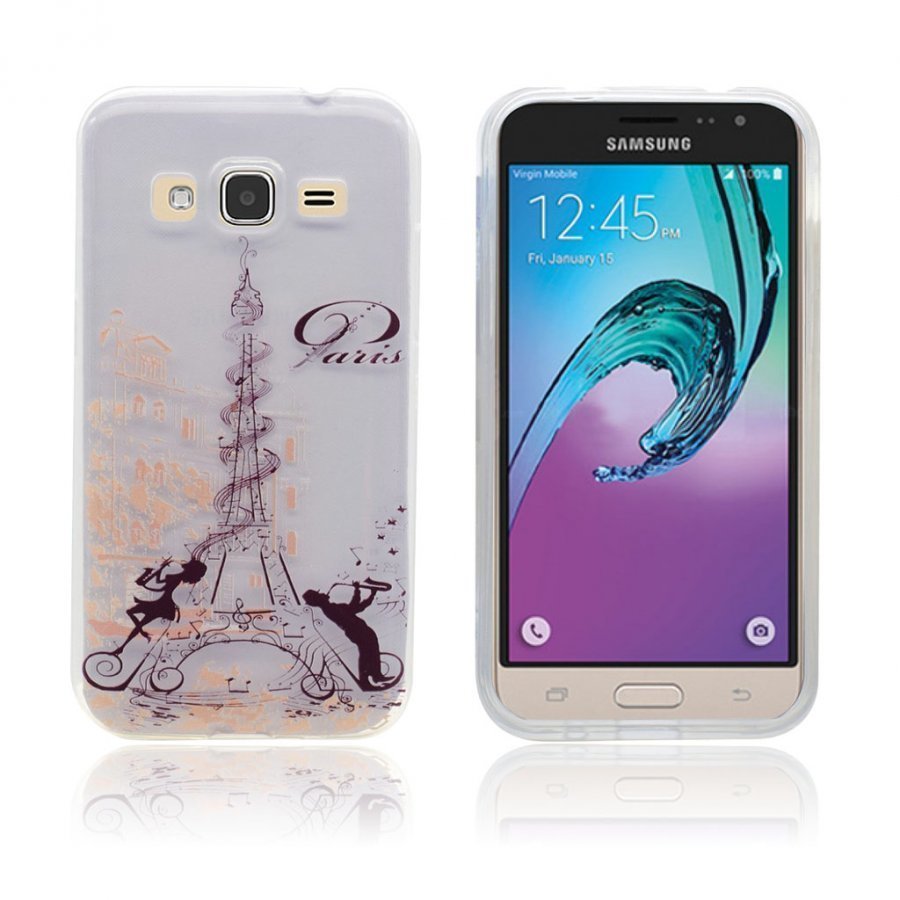 Samsung Galaxy J3 2016 Joustava Kuori Kuviolla Eiffel Torni Ja Nuotit