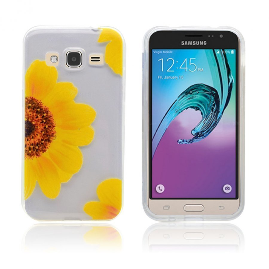 Samsung Galaxy J3 2016 Joustava Kuori Kuviolla Keltainen Päivänkakkara