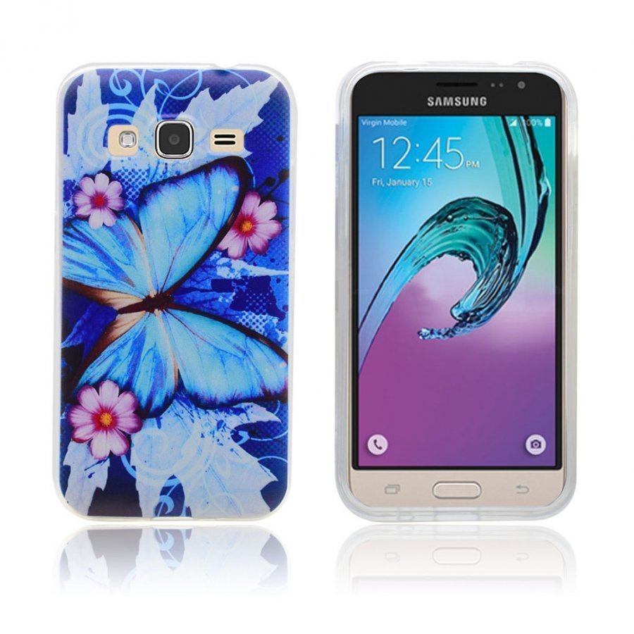 Samsung Galaxy J3 2016 Joustava Kuori Kuviolla Sininen Perhonen Ja Kukkia
