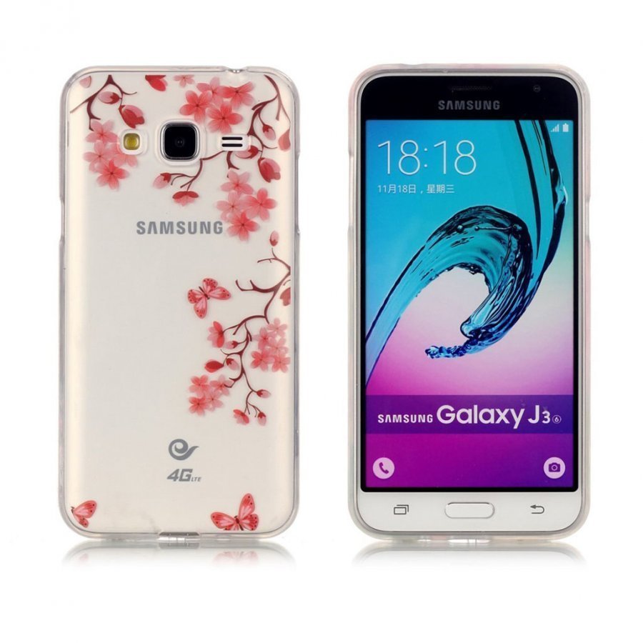 Samsung Galaxy J3 2016 Kuvioitu Joustava Kuori Kauniit Kukat Ja Perhoset