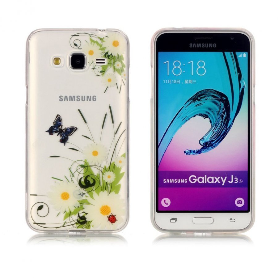 Samsung Galaxy J3 2016 Kuvioitu Joustava Kuori Päivänkakkara Ja Perhonen