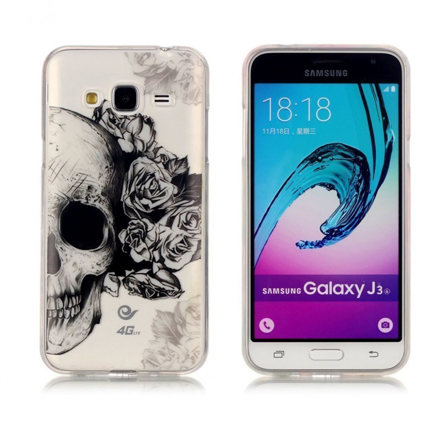 Samsung Galaxy J3 2016 Kuvioitu Joustava Kuori Pääkallo Ja Ruusut