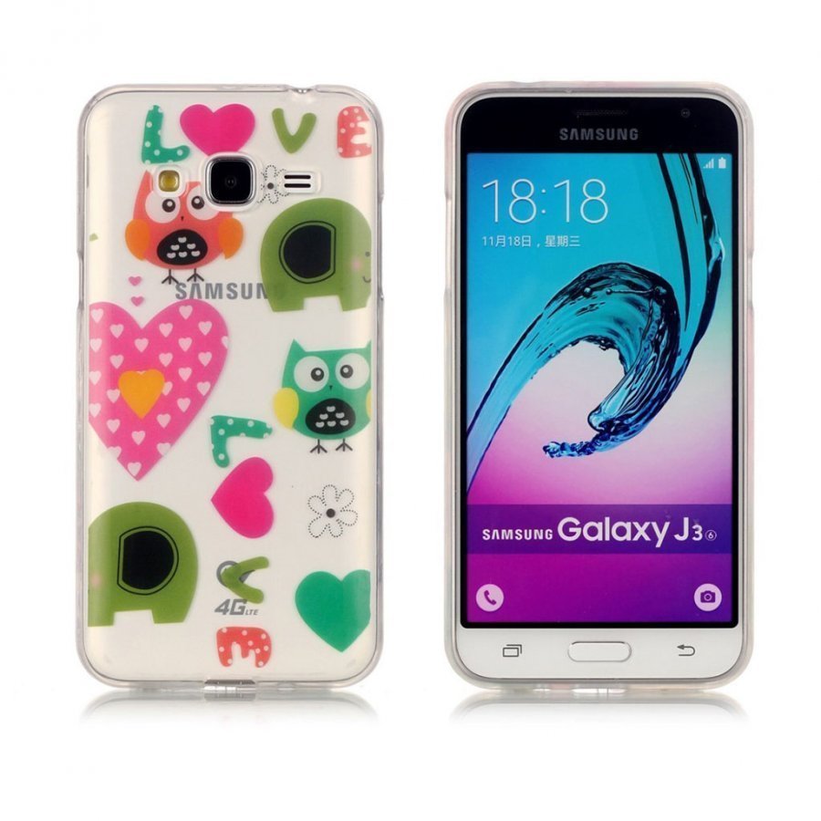 Samsung Galaxy J3 2016 Kuvioitu Joustava Kuori Pöllöt Ja Rakkaus Sydämet
