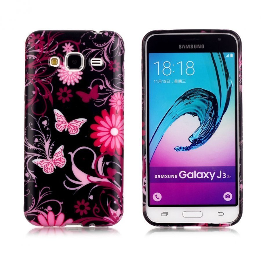 Samsung Galaxy J3 / J3 2016 Kuvioitu Joustava Kuori Perhonen Ja Kukka