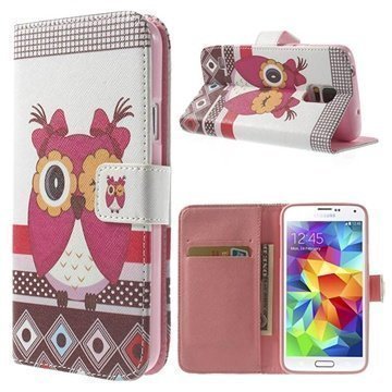 Samsung Galaxy S5 Lompakkomallinen Nahkakotelo Vaaleanpunainen Pöllö