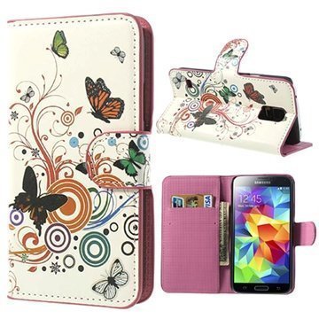 Samsung Galaxy S5 Wallet Nahkakotelo Perhoset / Ympyrät