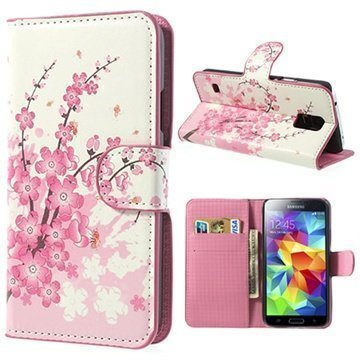 Samsung Galaxy S5 Wallet Nahkakotelo Vaaleanpunaiset kukat
