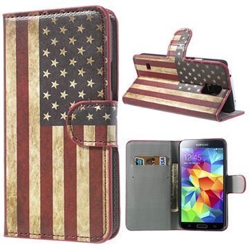 Samsung Galaxy S5 Wallet Nahkakotelo Vintage American Flag