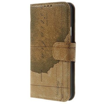 Samsung Galaxy S5 World Map Wallet Nahkakotelo Ruskea