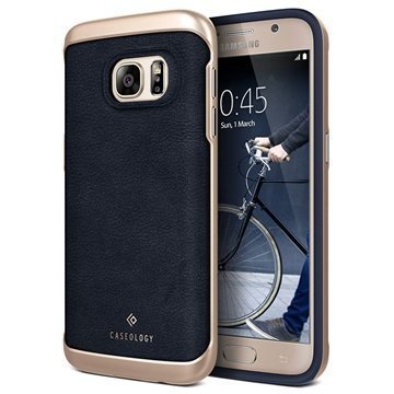 Samsung Galaxy S7 Caseology Envoy Nahkainen Suojakuori Hiilikuitu Laivastonsininen / Kulta