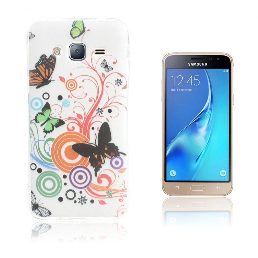 Sandemose Samsung Galaxy J3 2016 Joustava Kuori Perhosia Ja Ympyröitä