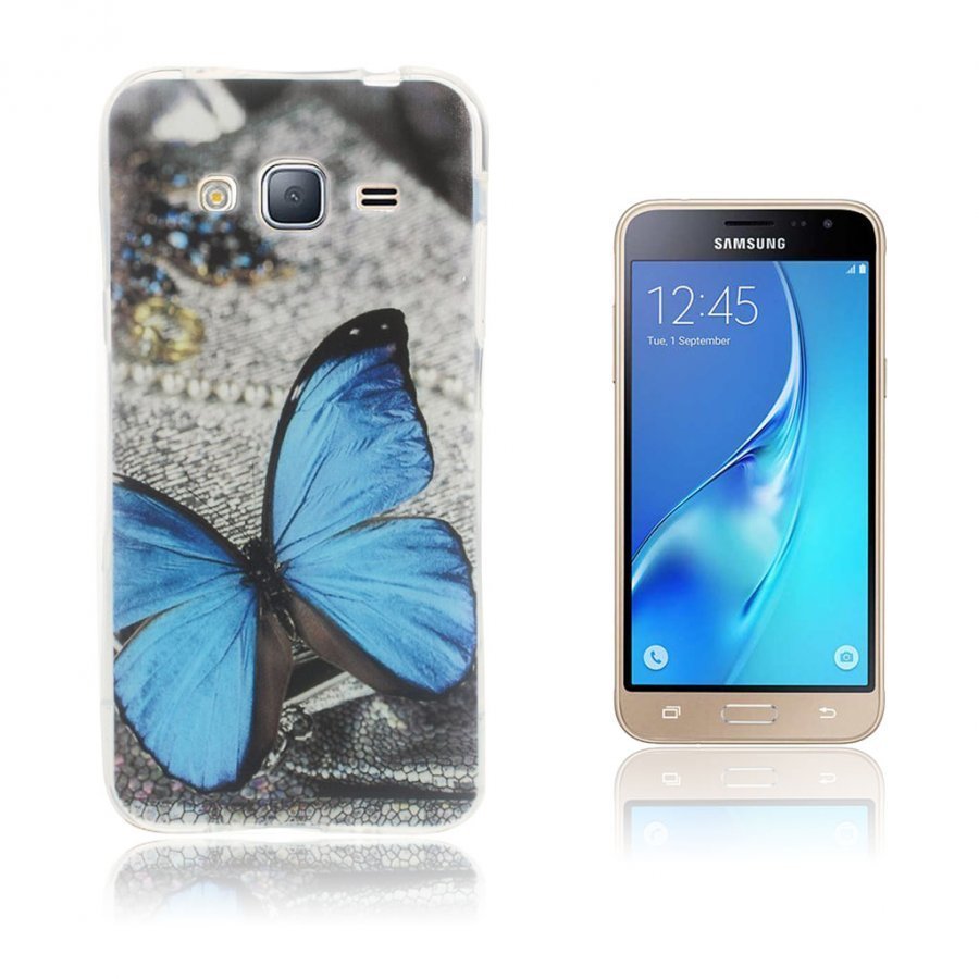 Sandemose Samsung Galaxy J3 2016 Joustava Kuori Sininen Perhonen