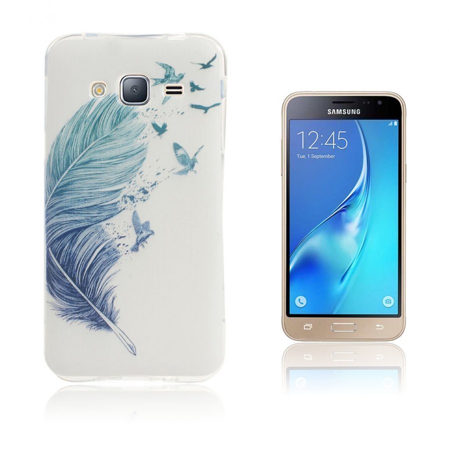Sandemose Samsung Galaxy J3 2016 Joustava Kuori Sininen Sulka Ja Lintuja