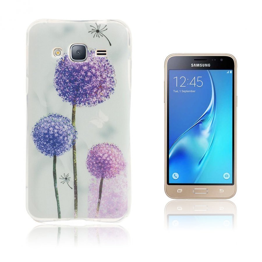 Sandemose Samsung Galaxy J3 2016 Joustava Kuori Violetteja Voikukkia