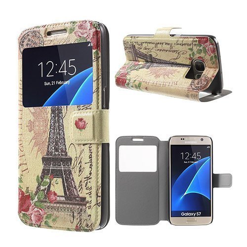 Scherfig Samsung Galaxy S7 Nahkakotelo Ikkunalla Ja Läpällä Eiffel Torni Ja Kukkia