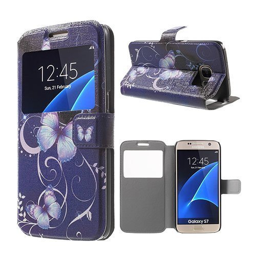 Scherfig Samsung Galaxy S7 Nahkakotelo Ikkunalla Ja Läpällä Violetit Perhoset