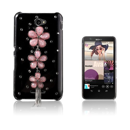 Shine Sony Xperia E4 Nahkakotelo Korttitaskuilla Pinkki Diamond Kukka