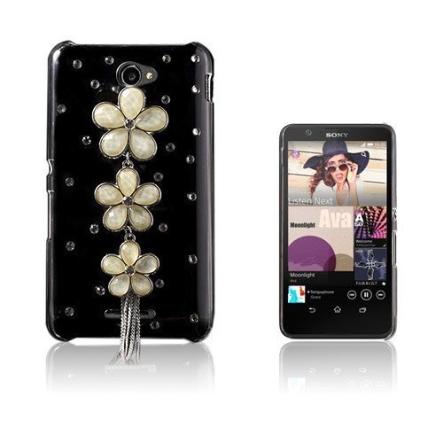 Shine Sony Xperia E4 Nahkakotelo Korttitaskuilla Valkoinen Diamond Kukka