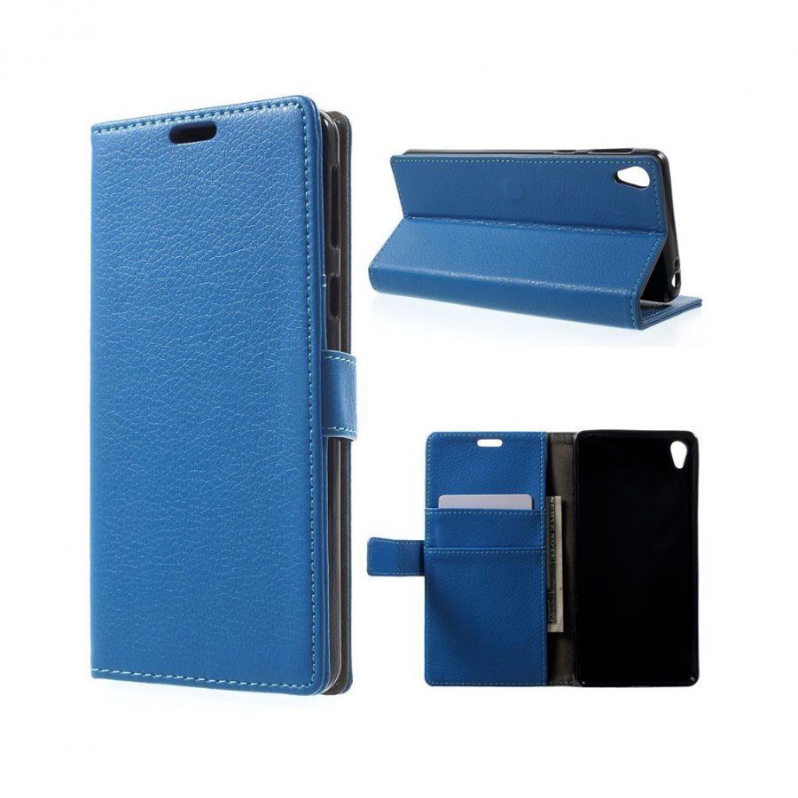 Sony Xperia E5 Litsi Nahkakotelo Lompakko Läpällä Sininen