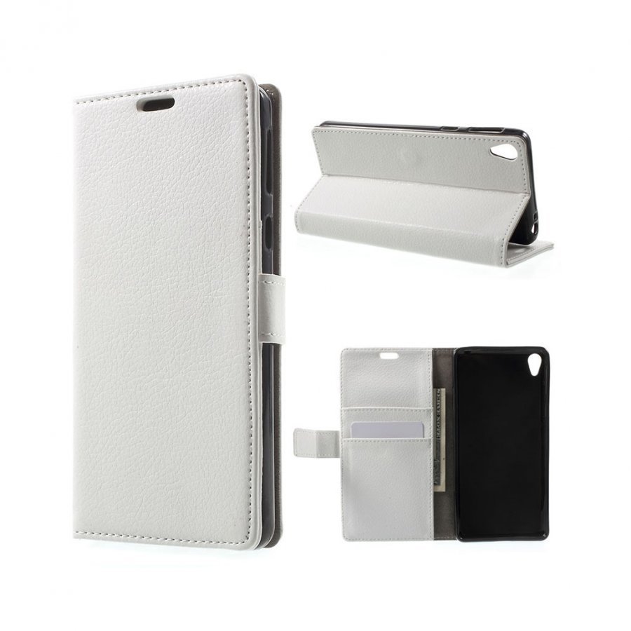 Sony Xperia E5 Litsi Nahkakotelo Lompakko Läpällä Valkoinen
