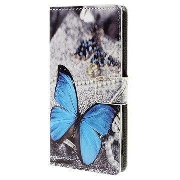 Sony Xperia M5 M5 Dual Tyylikäs Lompakkokotelo Sininen Perhoset