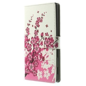 Sony Xperia T3 Wallet Nahkakotelo Vaaleanpunaiset kukat