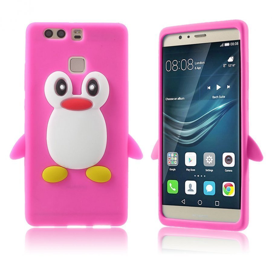 Sund 3d Pingviini Pehmeä Silikoni Kuori Huawei P9 Puhelimelle Kuuma Pinkki