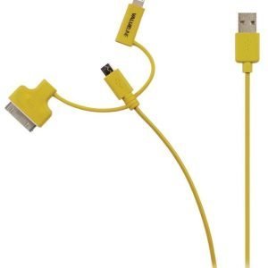 Synkronointi- ja latauskaapeli USB 2.0 A uros Micro B uros Lightning-sovitin ja 30-nastainen telakkasovitin liitettyinä 1 00 m keltainen