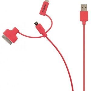 Synkronointi- ja latauskaapeli USB 2.0 A uros Micro B uros Lightning-sovitin ja 30-nastainen telakkasovitin liitettyinä 1 00 m punainen