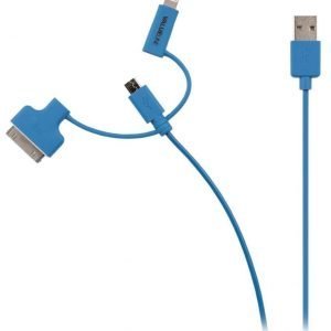 Synkronointi- ja latauskaapeli USB 2.0 A uros Micro B uros Lightning-sovitin ja 30-nastainen telakkasovitin liitettyinä 1 00 m sininen