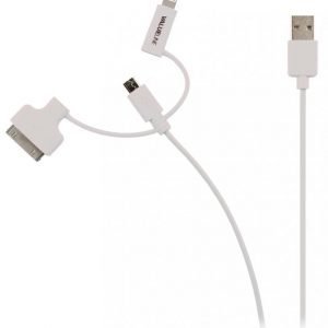 Synkronointi- ja latauskaapeli USB 2.0 A uros Micro B uros Lightning-sovitin ja 30-nastainen telakkasovitin liitettyinä 1 00 m valkoinen