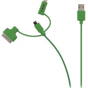 Synkronointi- ja latauskaapeli USB 2.0 A uros Micro B uros Lightning-sovitin ja 30-nastainen telakkasovitin liitettyinä 1 00 vihreä