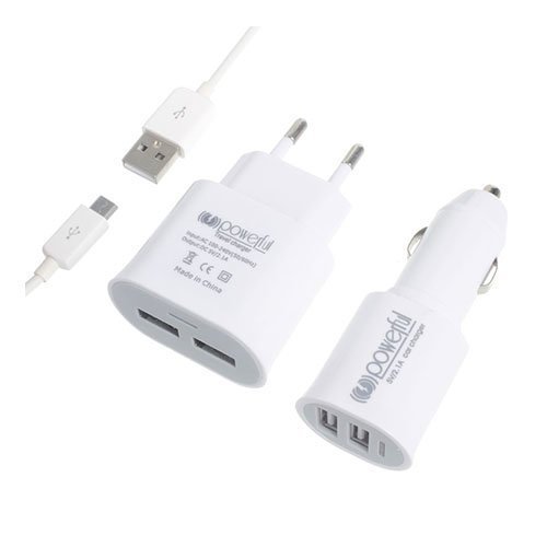 T029 3-In-1 Lataus Paketti Auto / Eu Pistoke / Micro Usb Kaapeli Valkoinen