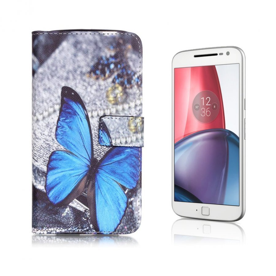 Thaulow Motorola Moto G4 / G4 Plus Nahkakotelo Läpällä Sininen Perhonen