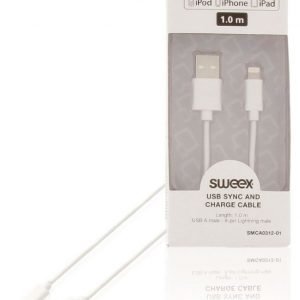 USB-kaapeli synkronointiin ja lataukseen USB A -urosliitin 8-nastainen Lightning-urosliitin 1 00 m valkoinen