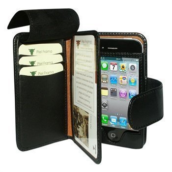 iPhone 4 / 4S Piel Frama Wallet Nahkakotelo Musta