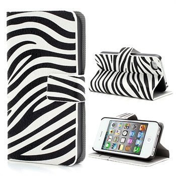 iPhone 4 / 4S Wallet Nahkakotelo Seepra Valkoinen / Musta