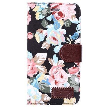 iPhone 6 Plus / 6S Plus Lompakkokotelo Kukat Musta